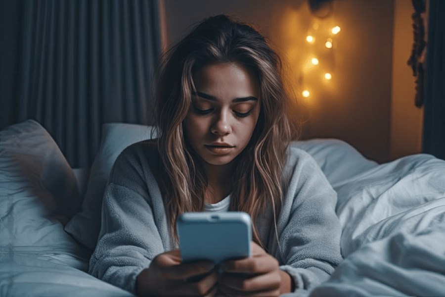 mulher usando o smartphone antes de dormir